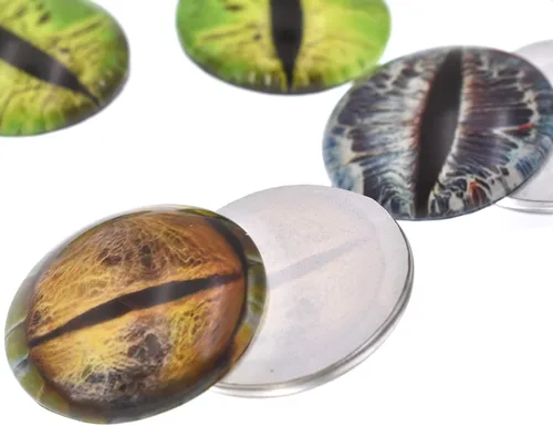 Miniatura 6 de 10 pares de cabujones de cristal redondos de 1.181 in que brillan en la oscuridad, ojos de dinosaurio, cúpula redonda, parte trasera plana