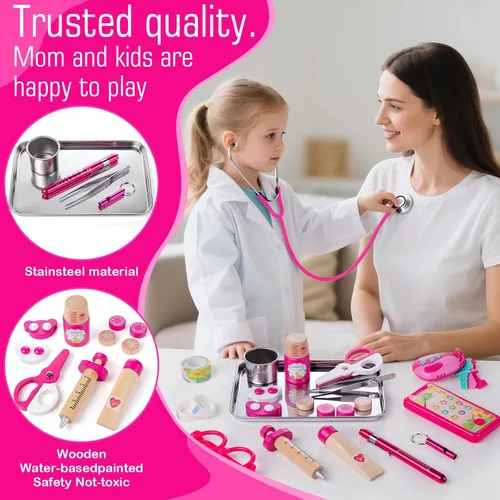 Miniatura 4 de Sundaymot Kit de Doctor para Niñas, 34 piezas juego de simulación, kit de Doctor para niños pequeños de 3 a 5 años, con bolsa médica, estetoscopio