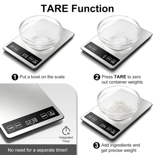 Miniatura 4 de Fuzion Báscula de alimentos, báscula de cocina de 1g/0.1 oz, gramos y onzas, 22 libras, 7 unidades, funciones de tara y temporizador, potencia