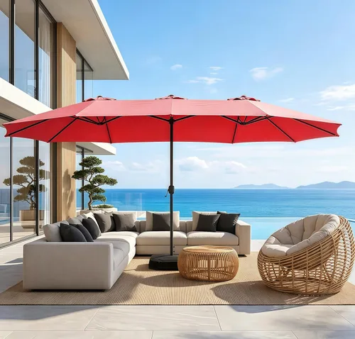 Miniatura 10 de Sombrilla de doble cara para patio de 15 x 9 pies con base y manivela, sombrilla rectangular extragrande para patio, césped y jardín, beige