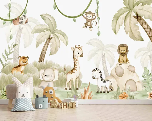 Miniatura 16 de Papel pintado de casa de acuarela de dibujos animados para guardería, murales de pared para habitación de niños 114" x 74" (no despegar y pegar)
