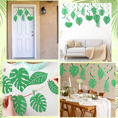 Miniatura 3 de 32 piezas hawaianas Luau para fiesta, hojas de palmera, remolinos, decoración colgante de techo, decoración verde, fiesta tropical para verano, baby