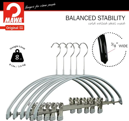 Miniatura 6 de Mawa by Reston Lloyd - Percha europea de metal antideslizante, soporte de hombro suave y clips ajustables para pantalones, juego de 5