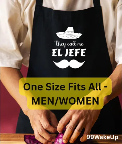 Miniatura 2 de El Jefe - Delantal de cocina, poliéster y algodón negro, talla única, diseño de chef mexicano con sombrero, ropa de trabajo de cocina unisex, 33 x