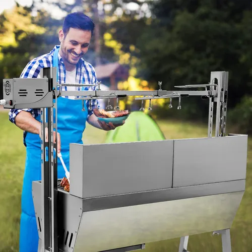 Miniatura 8 de Parrilla de asador de acero inoxidable con protector trasero, motor de 25 W, pequeño asador para cerdo y cordero, parrilla de carbón de 37'' 2 en 1