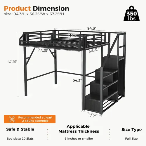 Miniatura 2 de Cama tipo loft de tamaño matrimonial con escaleras de almacenamiento integradas, armario, marco de cama alta de metal con barandilla lateral