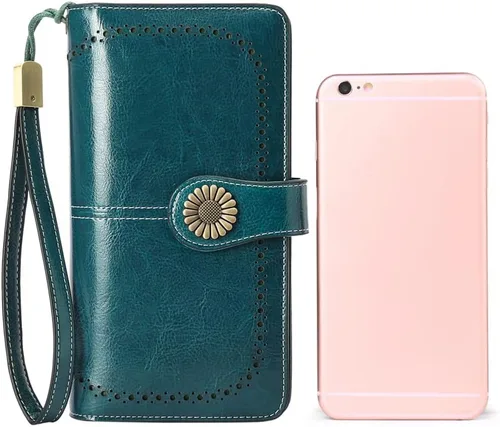 Miniatura 5 de SENDEFN - Billeteras de cuero genuino para mujer con tarjetero y bloqueo RFID, de gran capacidad y con correa para la muñeca