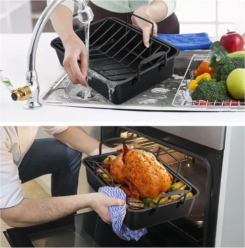 Miniatura 7 de TeamFar Bandeja para Asar, Bandeja Antiadherente Profunda de 14" para Lasaña Brownie Pavo con Rejilla en Forma de V y Rejilla de Enfriamiento