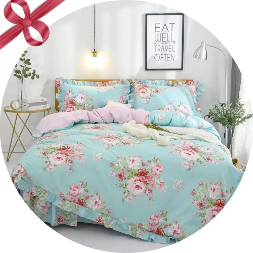 Miniatura 24 de FADFAY Juego de ropa de cama floral estilo campestre francés con estampado de pájaros azules, colección de faldas de cama, 800 hilos por pulgada