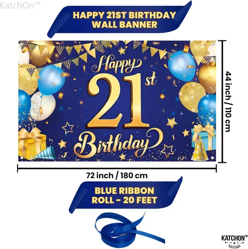 Miniatura 4 de KatchOn, Cartel de feliz cumpleaños número 21 azul y dorado – XL, 72 x 44 pulgadas Cartel azul y dorado para decoraciones de cumpleaños 21