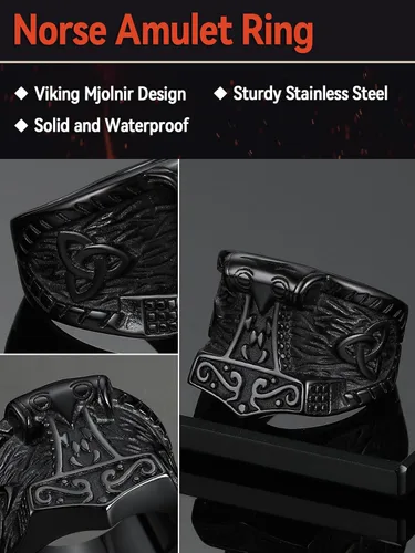 Miniatura 4 de FaithHeart Norse Viking Jewelry - Anillo de acero inoxidable de guerrero para hombre con diseño vikingo de cabeza de lobomartillo de Thor