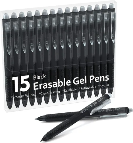 Lineon Bolígrafos de gel borrables, paquete de 15 bolígrafos negros retráctiles borrables, punta fina, desaparecen los errores, tintas negras para