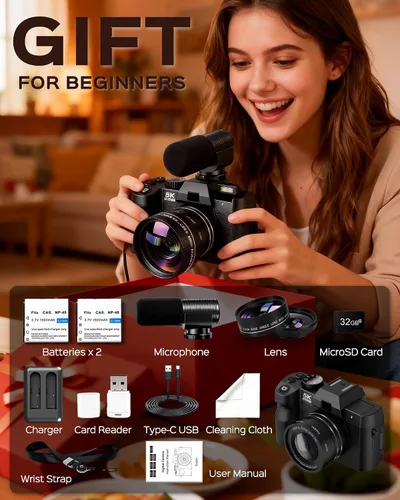 Miniatura 7 de Cámara digital 5K para fotografía con WiFi 48MP cámara de vlogging para principiantes con pantalla abatible, gran angular y lente macro, micrófono
