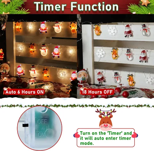 Miniatura 6 de [Temporizador] Luces de Navidad a pilas de 10 pies de Papá Noel, alce, copo de nieve, luces para decoración de árboles en interiores y exteriores