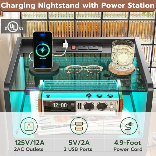 Miniatura 3 de VIAGDO Mesita de noche con estación de carga y luces LED, mesita de noche negra con parte superior de vidrio y cajones de almacenamiento, mesas
