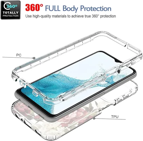 Miniatura 3 de Funda para Galaxy A23, SM-A235M con protector de pantalla de vidrio templado, bonito patrón floral transparente de cuerpo completo, funda protectora