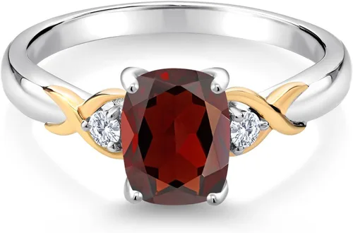 Miniatura 46 de Gem Stone King Anillo de compromiso de 3 piedras preciosas de plata 925 y oro amarillo de 10 quilates de 0.315 x 0.236 in de talla cojín y diamante