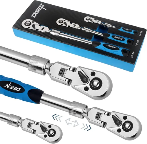 Miniatura 13 de DISEN Juego de 3 Llaves de Trinquete Extensibles, Impulso de 1/4" 3/8" 1/2", 72 Dientes, Liberación Rápida, Llaves de Vaso con Impulso Reversible