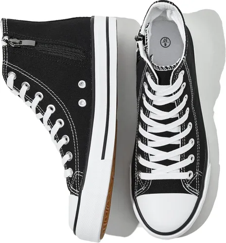 HYPOCRUTE Tenis de lona para mujer, color blanco y negro, con cremallera, con cordones, casuales, para caminar, correr, trabajar