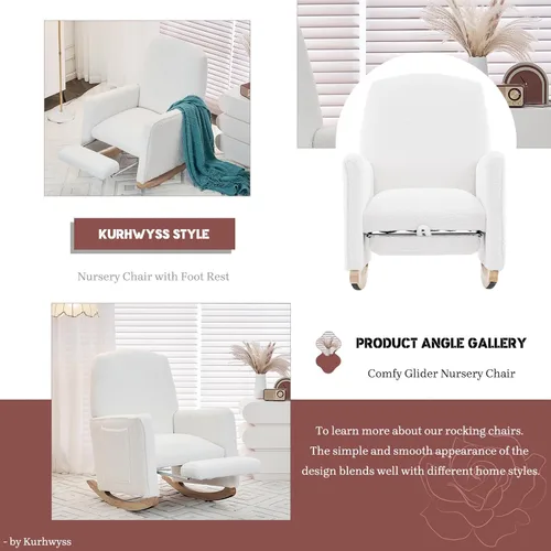 Miniatura 6 de Mecedora moderna para guardería, cómoda silla de guardería con reposapiés, mecedora tapizada con bolsillo, sillón de lectura con base de madera
