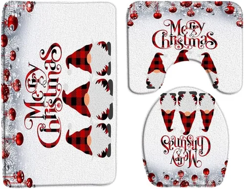 Miniatura 11 de Sunhe Tapete de baño de gnomo de Navidad, lindo gnomo, folklore, elfos, rojo y negro, búfalo, a cuadros, pino, bolas de Navidad, decoración de baño