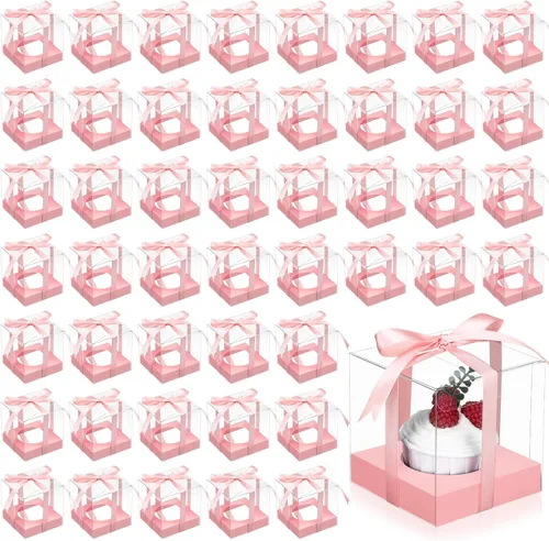 Miniatura 15 de Thenshop 50 cajas transparentes para cupcakes individuales de 3.5 pulgadas, contenedores de plástico individuales para cupcakes con insertos y Blanco