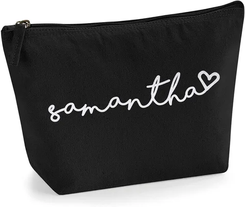 Miniatura 27 de Bolsa de accesorios de maquillaje con iniciales de nombre escritas a mano personalizadas en color negro con purpurina o textura de flocado