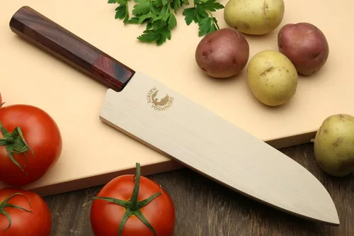 Miniatura 8 de Yoshihiro VG-10 Cuchillo de chef japonés multiusos de Damasco Santoku de 46 capas (mango de palisandro de 7 pulgadas)