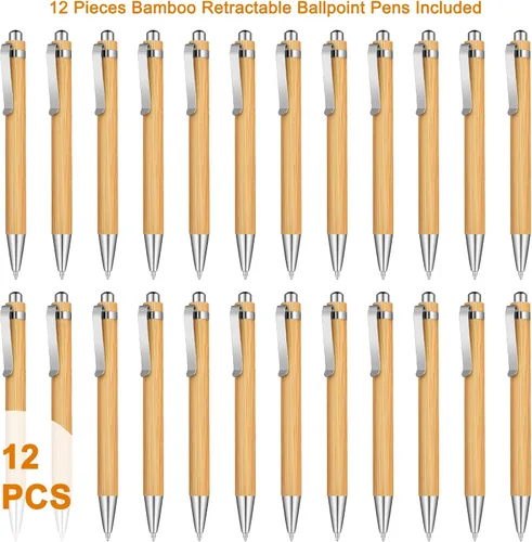 Miniatura 3 de Outus 12 bolígrafos retráctiles de madera de bambú, tinta negra, bolígrafos de 0.039 in, juego de productos para regalos, escritura, oficina