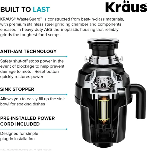 Miniatura 8 de KRAUS WasteGuard KWD100-100MBL - Triturador de basura ultra silencioso de 1 HP con conexión rápida, cubierta de drenaje para fregadero de cocina