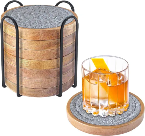 Miniatura 10 de Eykao Paquete de 5 posavasos absorbentes para bebidas, posavasos tejidos de 4.3 pulgadas para mesas de café, posavasos de madera para protección