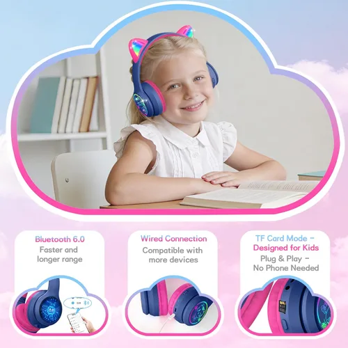 Miniatura 3 de IFECCO Kids Wireless Headphones with Case - Cute LED Light Up Cat Ear,50H Playtime,Safe Volume Limited,Bluetooth 6.0 Kids Girls Headphones for