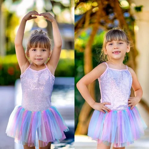 Miniatura 8 de Zaclotre Leotardo de lentejuelas para niñas pequeñas, leotardos de ballet con correa brillante, vestido tutú, traje de bailarina, disfraz de baile