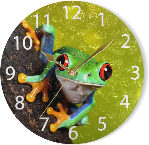 Miniatura 7 de Reloj de pared redondo con diseño de rana de árbol de ojos rojos, pintura al óleo silenciosa sin tictac, decorativo para el hogar, oficina, escuela
