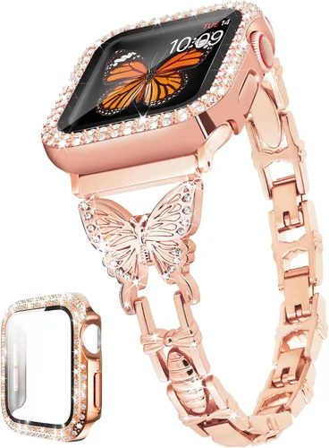 Miniatura 7 de Correa de mariposa compatible con Apple Watch Band de 1.575 pulgadas con funda para iWatch Series 6, SE, 5, 4, bonitas correas de joyería de metal