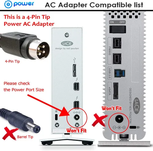 Miniatura 3 de Adaptador de 4 pines 5V 12V para modelos LACIE 300790U 300750U 300750EK 706479 710199 800040 ACU034A-0512 ACML-51 710200 ACU057A-0512 Sunfone Unidad