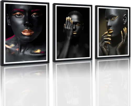 Miniatura 33 de MAMAGO Lienzo decorativo para pared, pintura de belleza dorada y negra, fotos de mujeres africanas, hermosos pósteres de mujer negra, impresiones