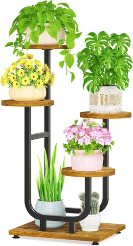 Miniatura 22 de LASZOLA Soporte para plantas de 5 niveles alto de madera y metal para interiores para macetas de servicio pesado, estante vertical grande