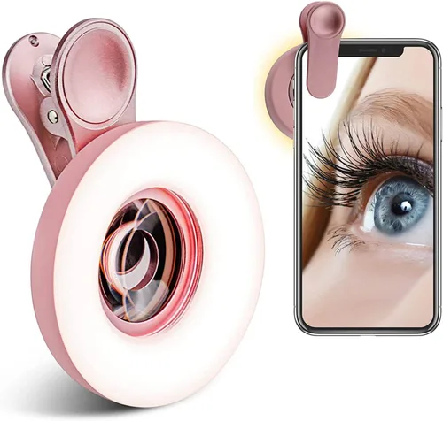 Lente macro para iPhone y Android con mini anillo de clip, atenuación recargable portátil, para fotografía de teléfono inteligente, grabación de Rosa