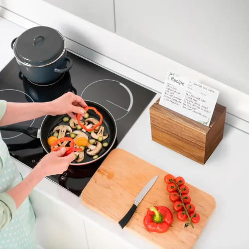Miniatura 5 de DRASTAR Caja de tarjetas de recetas, soporte para recetas de acacia de 4 x 6, organizador de recetas con 50 tarjetas y 6 divisores, caja de tarjetas