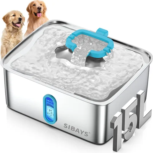 SIBAYS Fuente de agua grande para perros de 4 galones/15 L, fuente de agua para mascotas de acero inoxidable con ventana de nivel de agua y luz LED,