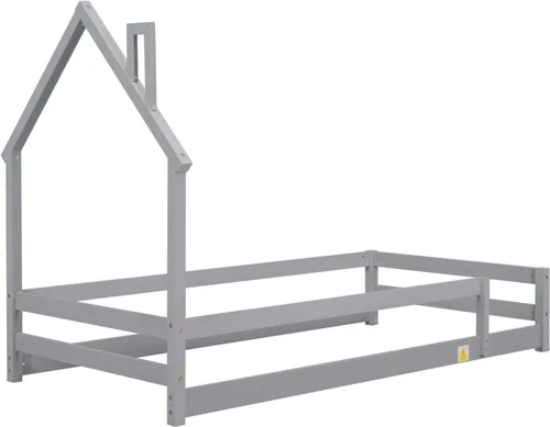 Miniatura 7 de Cama Montessori de madera tamaño individual con cabecera y cercas en forma de casa, cama de plataforma completa para niños, niñas, niños, altura Gris