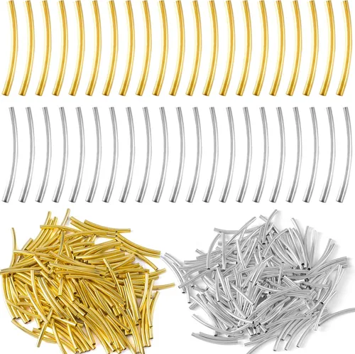 PAGOW 300 cuentas de tubo, cuentas curvadas de fideos de 0.98 pulgadas, cuentas espaciadoras doradas y plateadas para hacer joyas, collares,