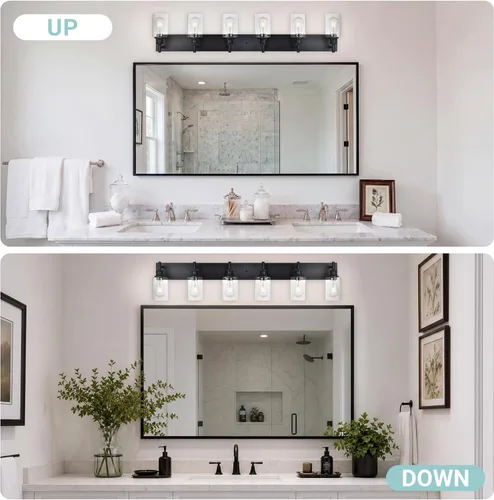 Miniatura 6 de 6 luces de tocador de baño, níquel cepillado, accesorios de iluminación de baño sobre espejo con vidrio transparente, aplique de pared industrial
