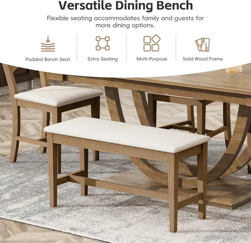 Miniatura 2 de Merax Juego de mesa de comedor de granja de 6 piezas, mesa de cocina media redonda de madera de 59.1 pulgadas con 4 sillas de comedor y banco largo