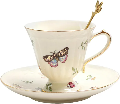Juego de taza de té y platillo de porcelana, taza de café de cerámica de 8.5 onzas líquidas con platillo y cuchara, taza de café vintage con ribete