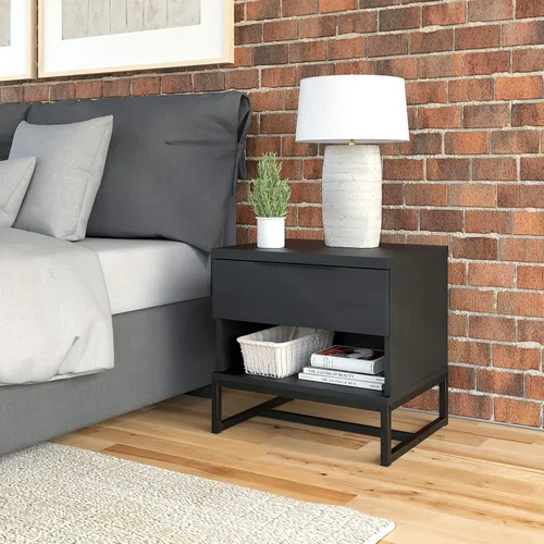 Boyd Sleep Catania Mesita de noche con un cajón con estante de almacenamiento abierto: mesa auxiliar moderna para dormitorio, color negro