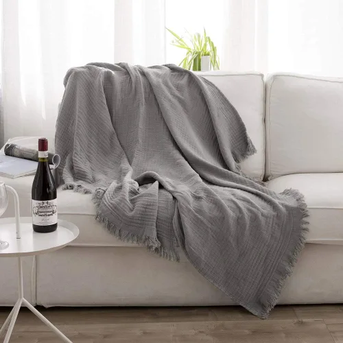 Miniatura 13 de Simple&Opulence Manta de muselina de algodón para cama, sofá, manta de gasa tejida de punto con borlas, suave, ligera, acogedora, prelavada