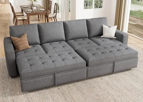 Miniatura 28 de HONBAY Sofá cama modular modular con cama extraíble, sofá en forma de L con asiento de almacenamiento, sofás seccionales para sala de estar, beige