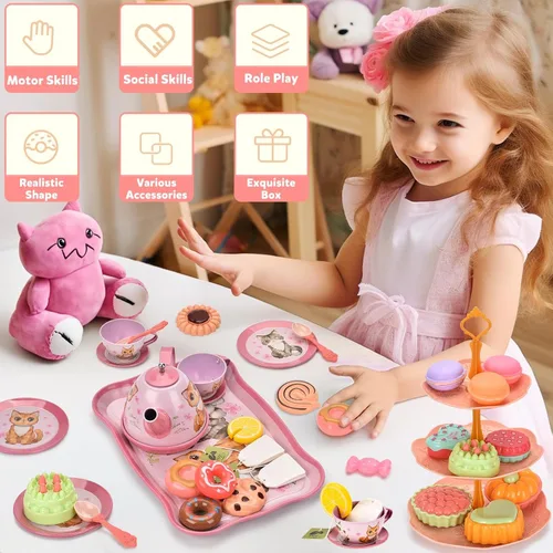 Miniatura 3 de Lajeje Juego de fiesta de té de gato para niños pequeños y niñas de 3 a 6 años, juguete de simulación y regalo de cumpleaños, incluye juego de té